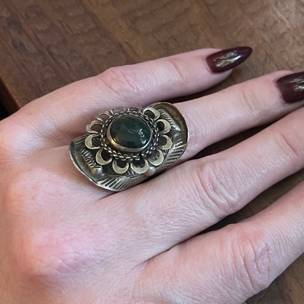 Vintage Bohemian Artisan Ring Silver Tone with Jasper ? Dark Green Stone